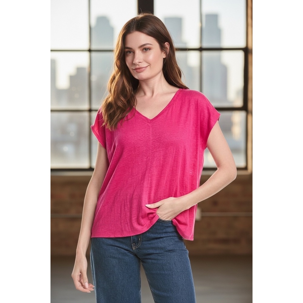 Eileen Fisher Size Large Organic Linen Jersey Tee Fuschia Pink V-Neck